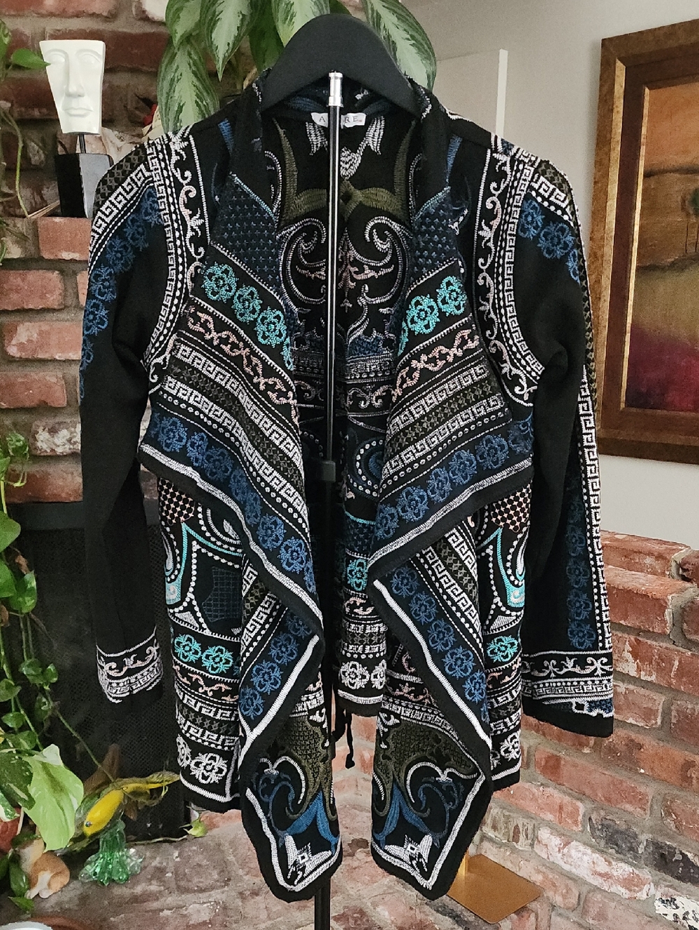 Adore Boho Open Front Cardigan Jacket Black Blue Teal Embroidered Duster